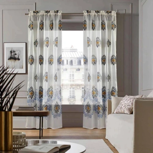 Organza sheer curtains with a damask pattern in blue and yellow