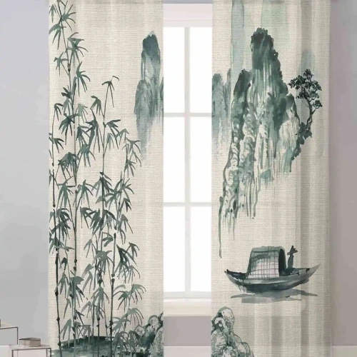 Traditional sheer curtains featuring a Chinese ink painting of bamboo, mountains, and a boat