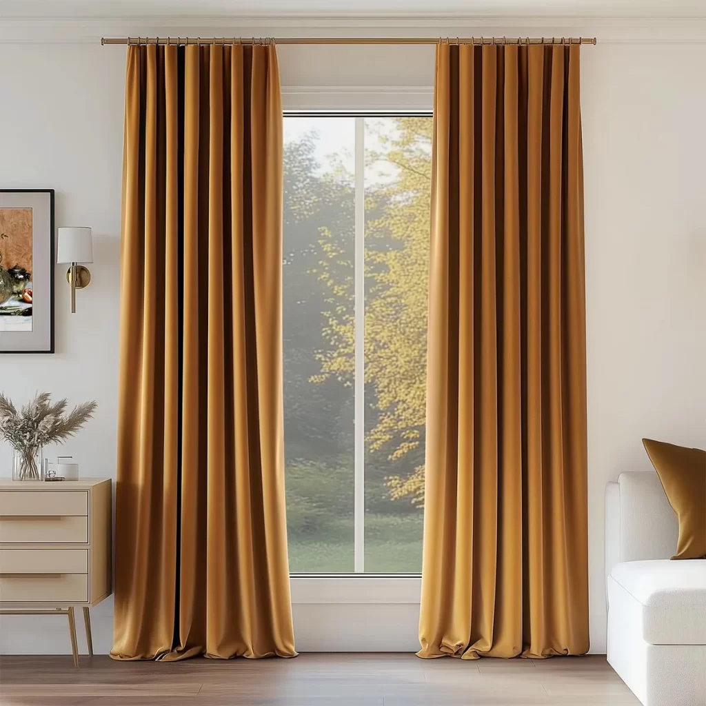 Golden yellow velvet curtains in a bright room
