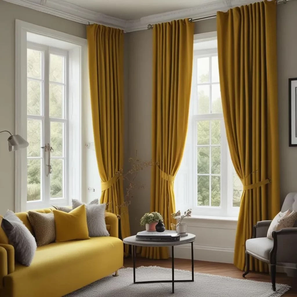 Living room with vibrant gold velvet curtains
