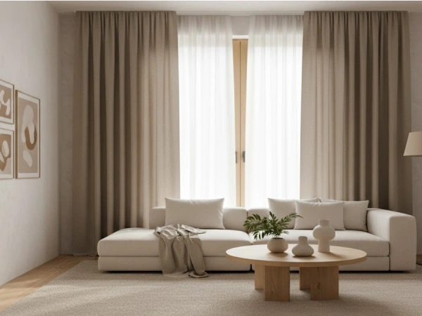 “Modern PVC cotted beige curtains Dubai elevating cozy interiors with luxe texture and stylish window design.