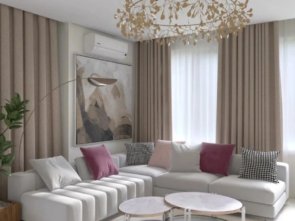 Motorized Custom-made Wave Fold beige curtains dubai provides sleek minimalist interior light control.