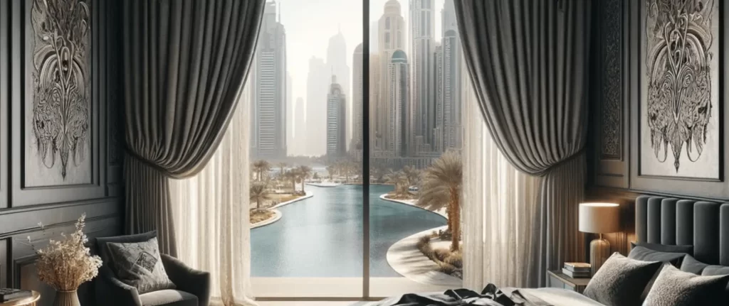 Best blackout curtains are installed in Dubai Marina Bedroom with umbrella style