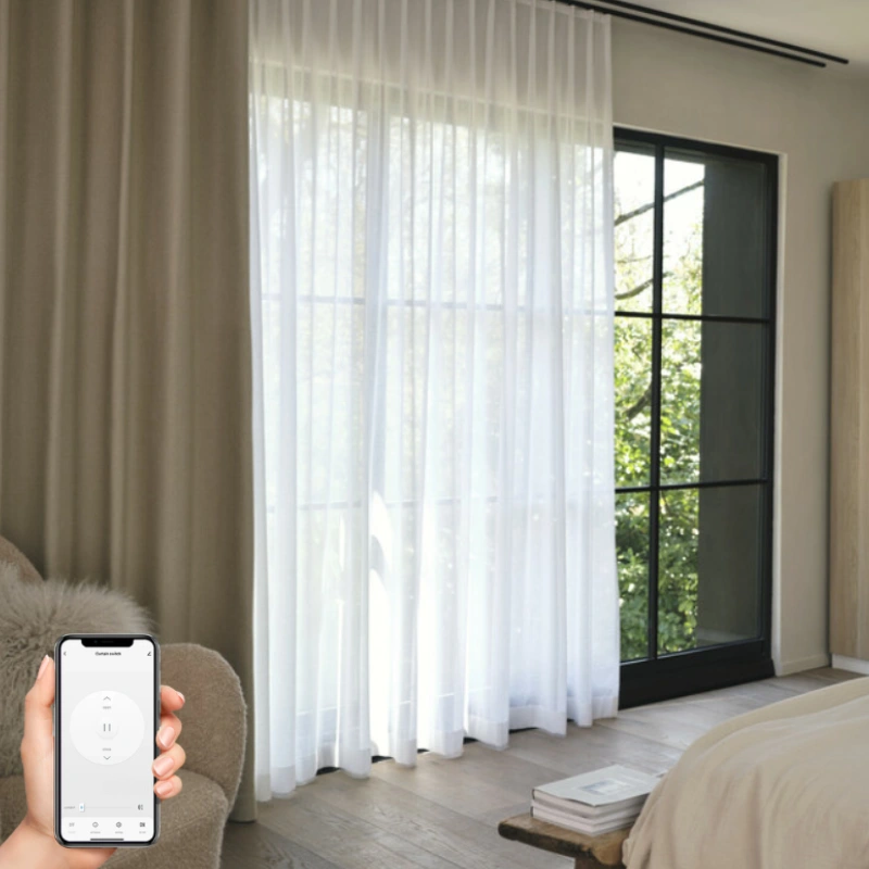 App-controlled smart curtains opening via smartphone in a modern living room.