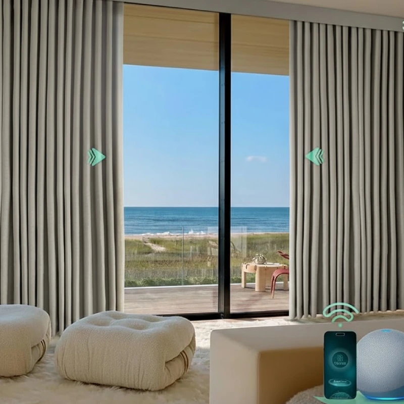 Automated solar-integrated motorized curtains powered by renewable energy in a bright bedroom.