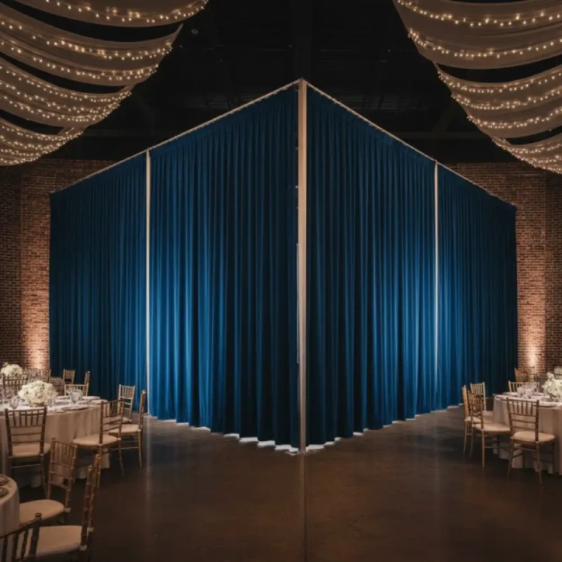 Deep blue partition curtains used as room dividers in a gala event space with fairy light ceiling.