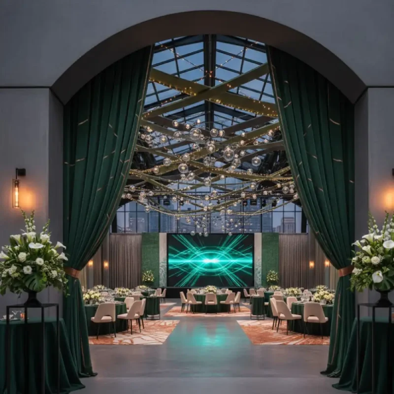 Deep forest green entrance and archway drapes framing a modern luxury event space with glass roof.