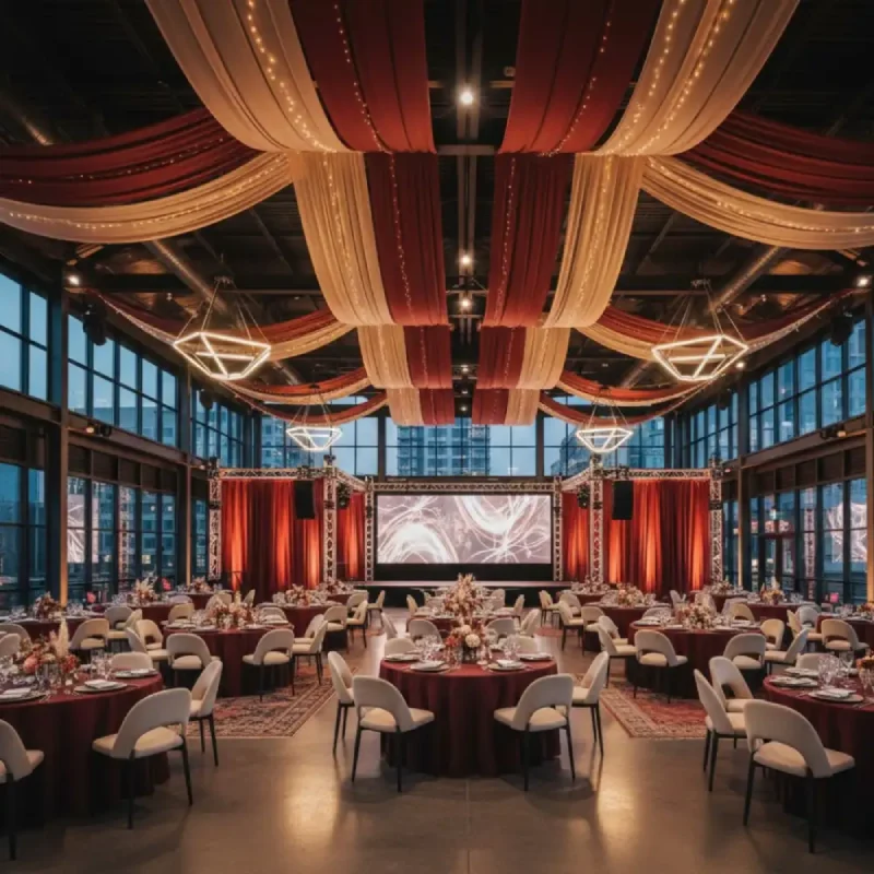 Dramatic red and cream stage cladding and side wings curtains for a professional event presentation.