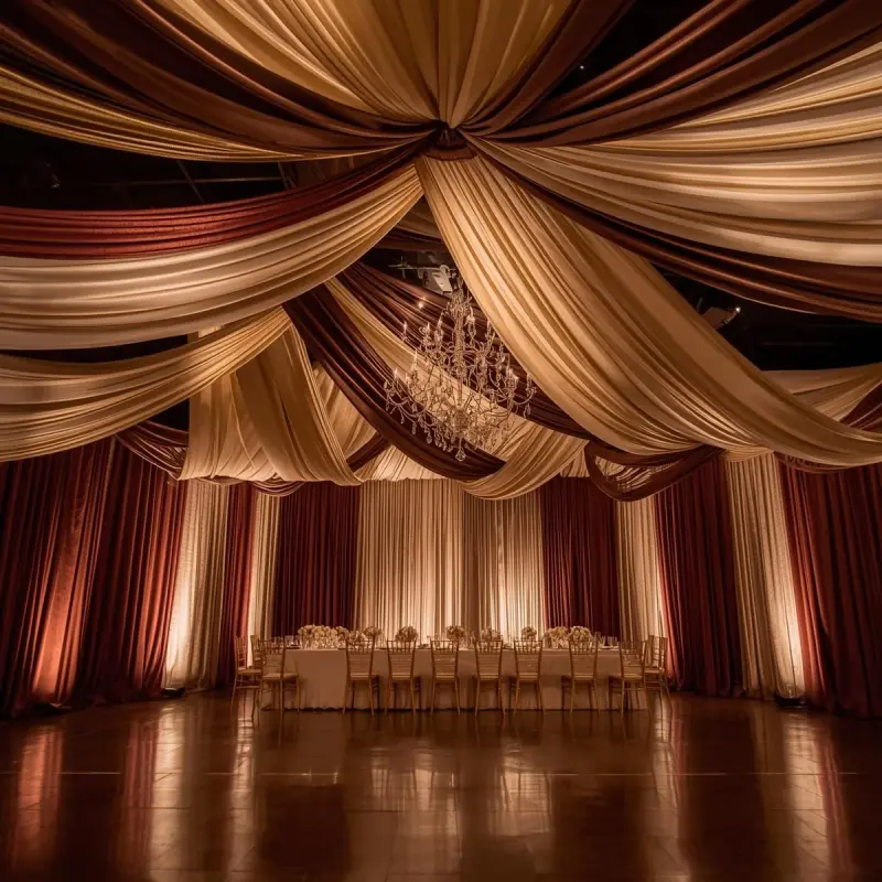 Elegant event hall with dramatic ceiling swags and wall curtains in cream, bronze, and deep burgundy.