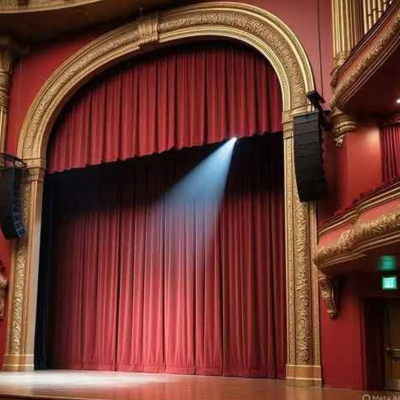 Grand stage with theater motorized curtains in red velvet, featuring automated opening.