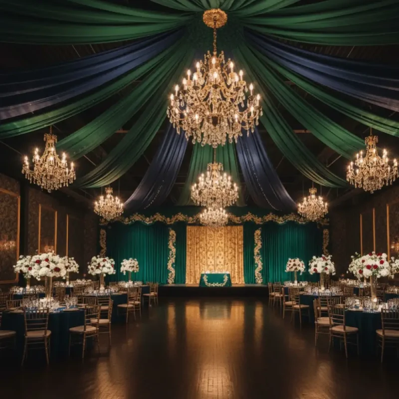 Luxurious green and navy fabric wrap curtains and ceiling drapes covering a ballroom event truss.