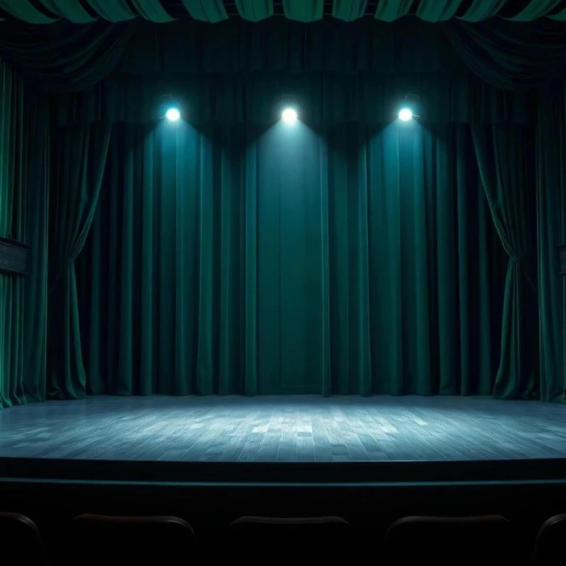 Luxurious green velvet stage backdrops curtains illuminated by spotlights on a professional theater.