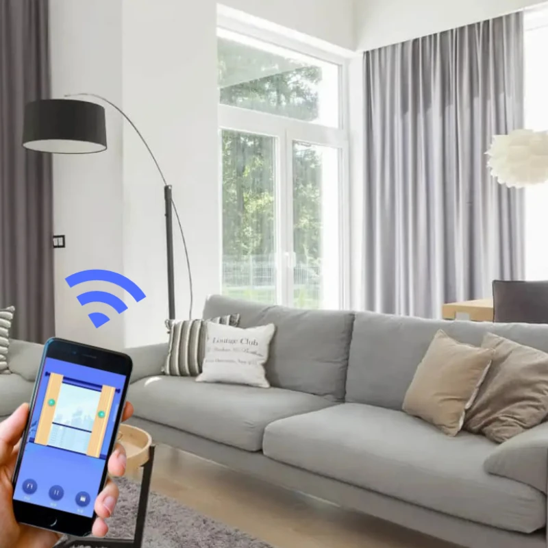 Luxury Wi-Fi enabled motorized drapes for hands-free window treatment and smart home automation.