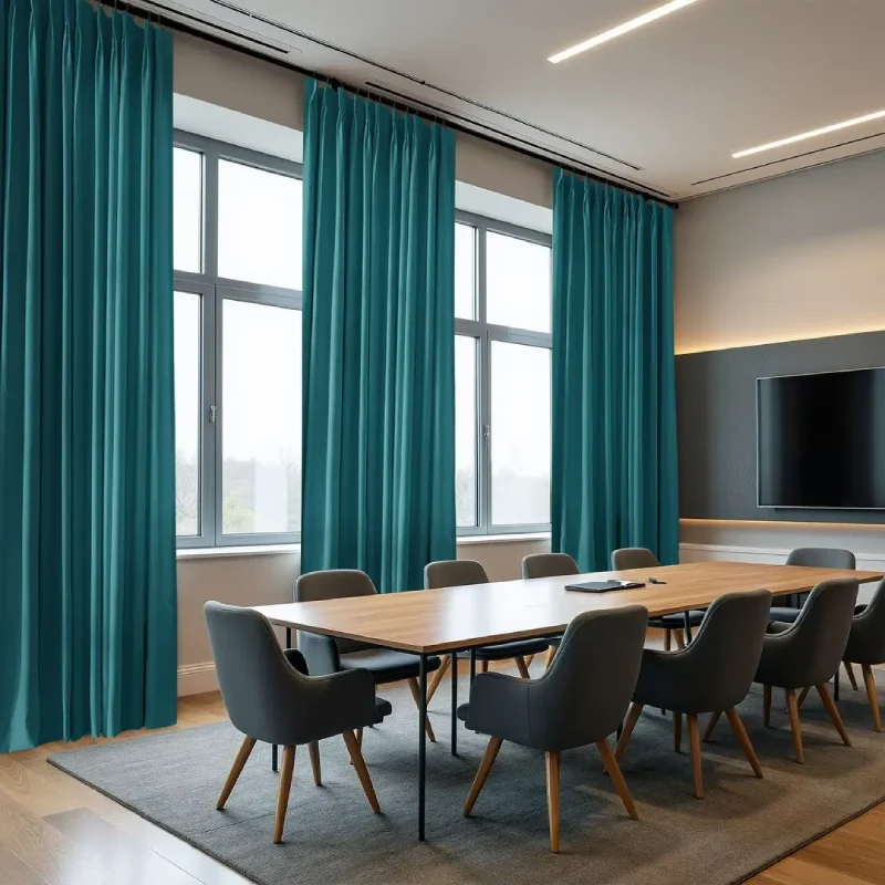 Modern conference curtains in a vibrant teal, floor-to-ceiling style for a professional boardroom.