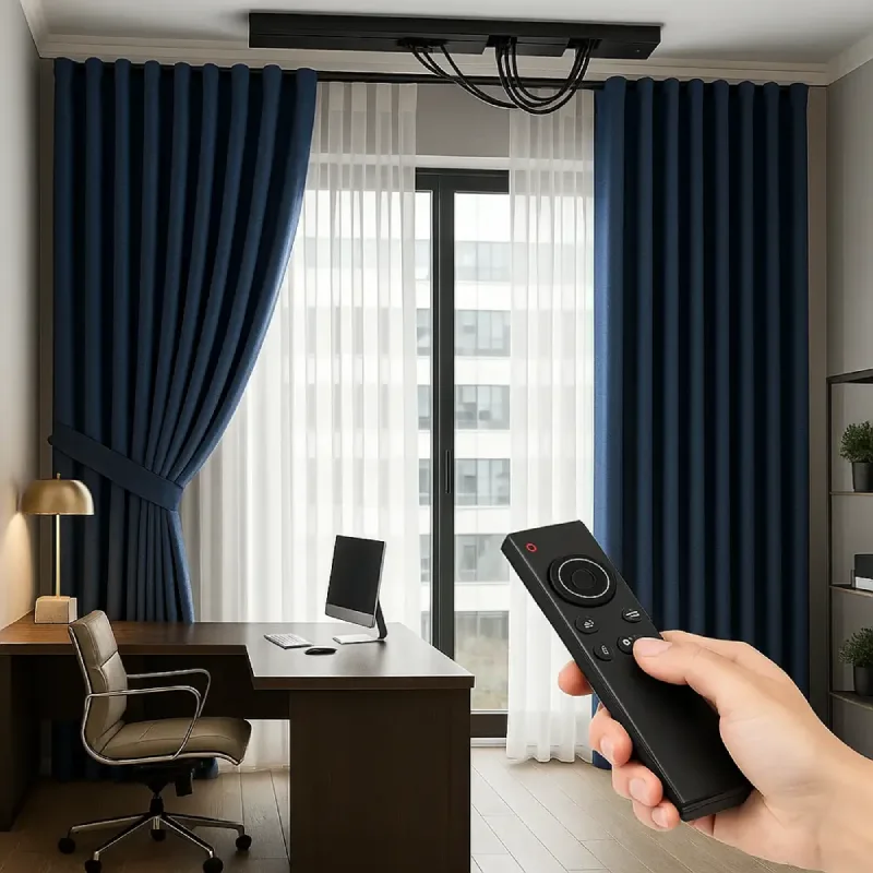 Modern office with motorized curtains for remote-controlled privacy and glare protection.