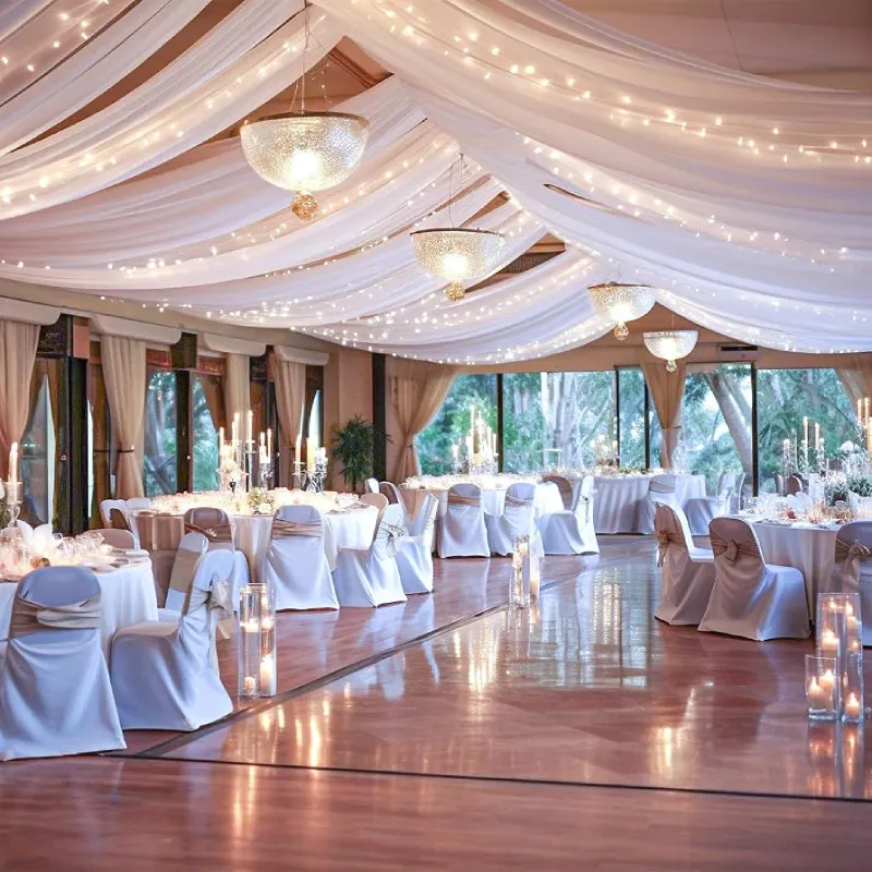 Professional ballroom curtains in a sleek teal fabric for a modern conference setting.