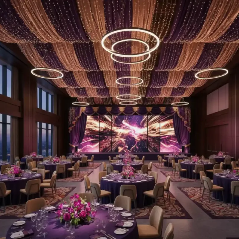 Vibrant purple and gold LED wall curtain integration for a high-tech luxury ballroom gala event.