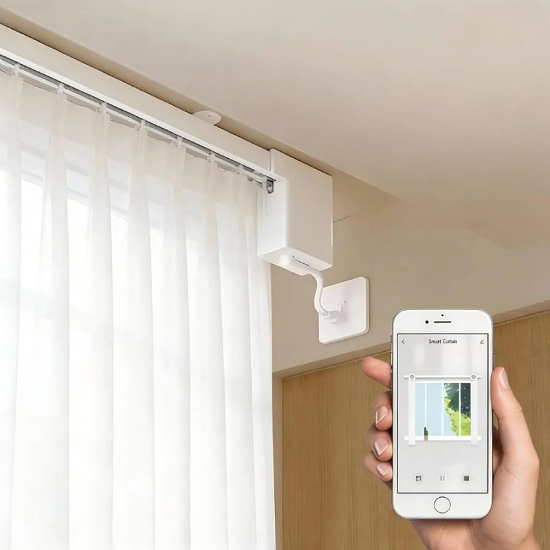Zigbee-enabled smart hub and motorized curtain track system for automated window treatments.