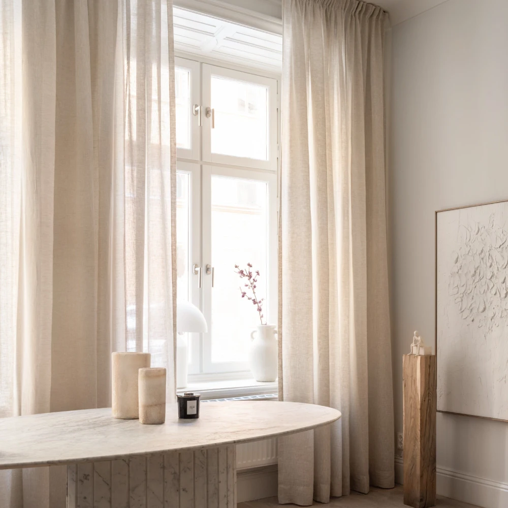 Sheer linen curtains gently filter sunlight, airy texture, modern minimalist home décor with fibers.